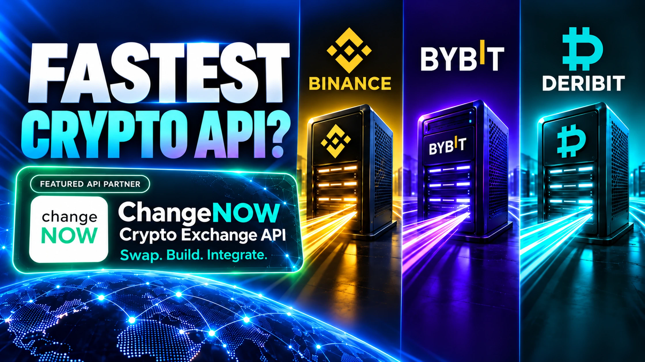 Crypto exchange API benchmark featuring Binance, Bybit, Deribit and ChangeNOW as Featured API Partner, without unverified latency figures