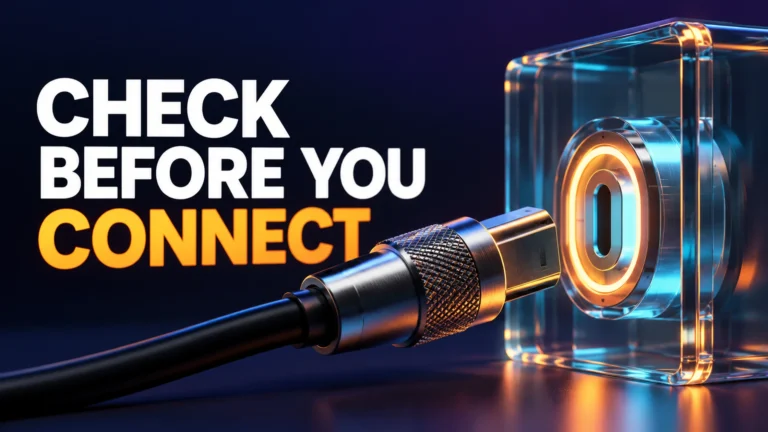 A metal connector approaches a glowing port in a transparent gateway beside the words Check Before You Connect.