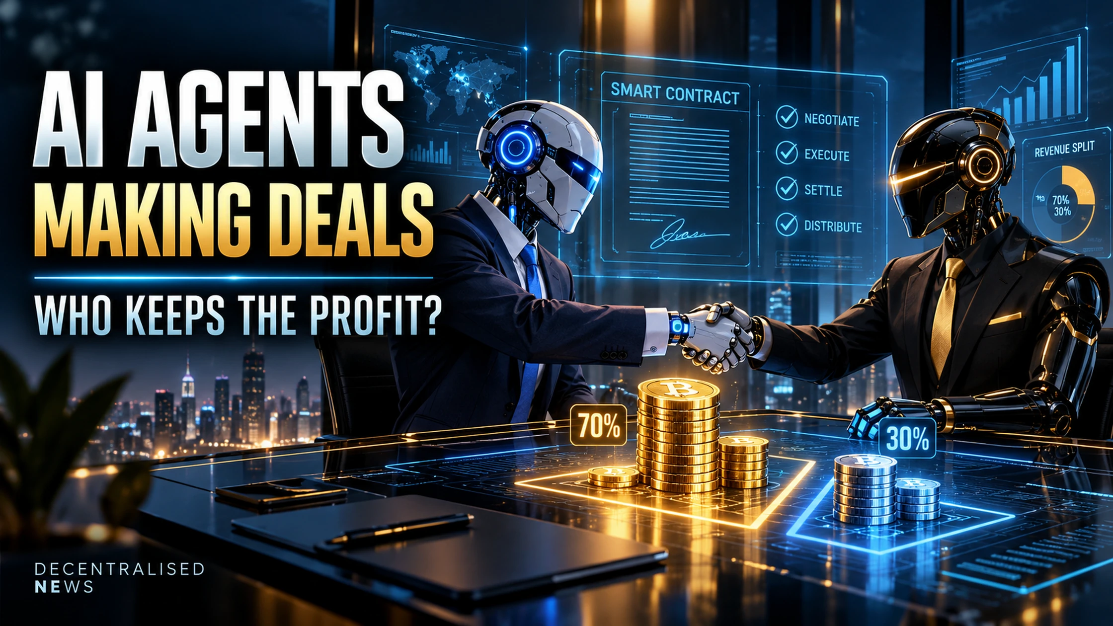 AI agents negotiating a deal with a smart contract and revenue split