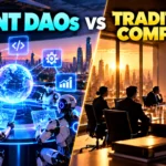 Agent DAOs vs traditional companies 2027 shown as a split between AI agent governance and a conventional corporate boardroom
