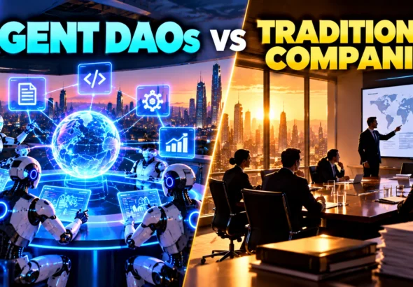 Agent DAOs vs traditional companies 2027 shown as a split between AI agent governance and a conventional corporate boardroom