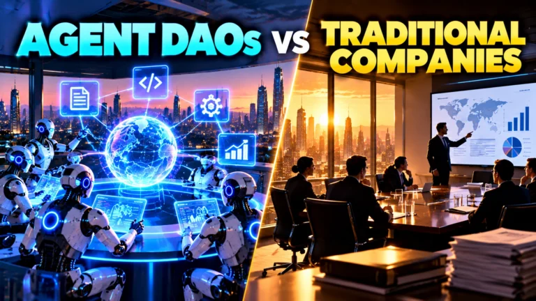 Agent DAOs vs traditional companies 2027 shown as a split between AI agent governance and a conventional corporate boardroom
