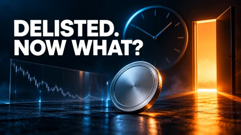 Delisted. Now what? Token delisting exit checklist with an illuminated exit and deadline clock.