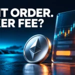 Limit order. Taker fee? A silver crypto coin beside an illuminated trading panel.