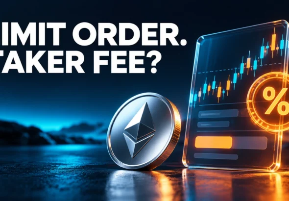 Limit order. Taker fee? A silver crypto coin beside an illuminated trading panel.