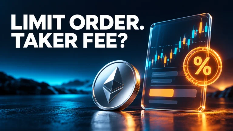 Limit order. Taker fee? A silver crypto coin beside an illuminated trading panel.