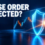 Close order rejected? A cyan shield protecting a trading order panel.