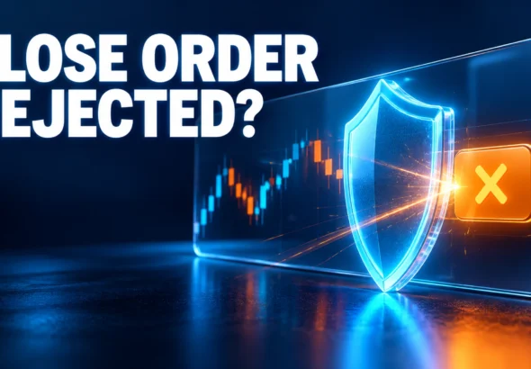 Close order rejected? A cyan shield protecting a trading order panel.