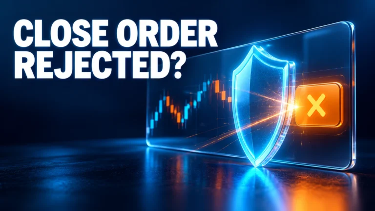 Close order rejected? A cyan shield protecting a trading order panel.