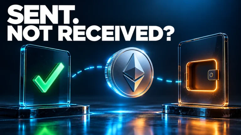 Sent. Not received? Crypto transfer tracing guide with a token between completed and receiving wallet panels.