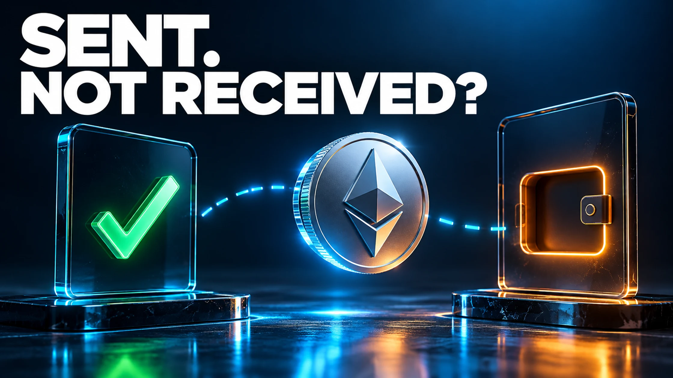 Sent. Not received? Crypto transfer tracing guide with a token between completed and receiving wallet panels.