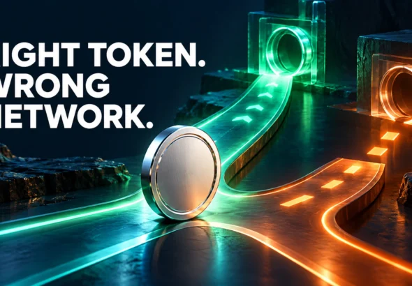 A silver token at branching green and orange transfer routes, captioned Right Token. Wrong Network.