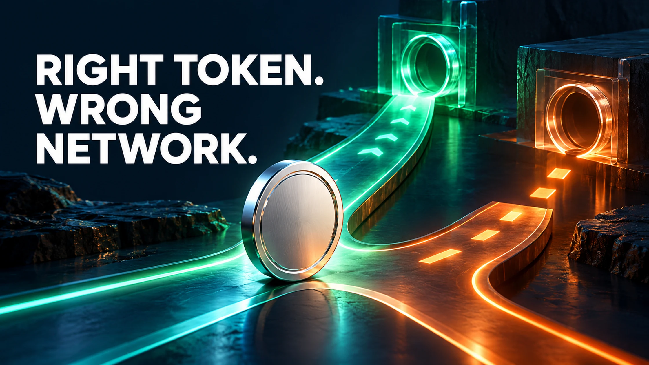 A silver token at branching green and orange transfer routes, captioned Right Token. Wrong Network.