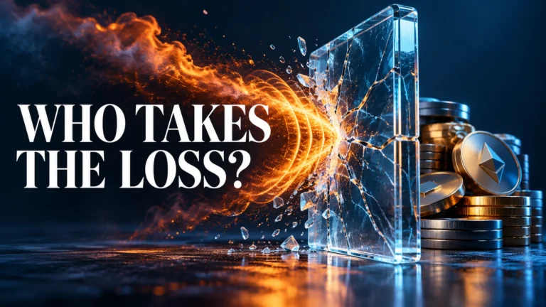 Orange shock wave striking a cracked glass barrier beside trading tokens, captioned Who Takes the Loss?