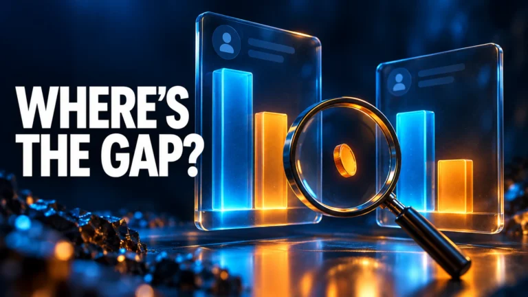 Glass account panels with unequal balance bars and a magnifying glass, captioned Where’s the Gap?