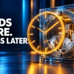 A glass crypto vault with an illuminated clock, captioned Funds There. Access Later.