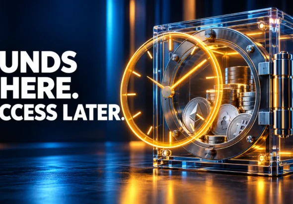 A glass crypto vault with an illuminated clock, captioned Funds There. Access Later.