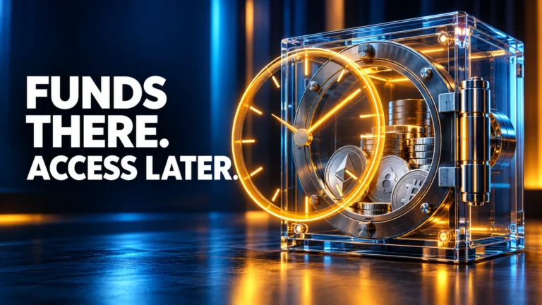 A glass crypto vault with an illuminated clock, captioned Funds There. Access Later.