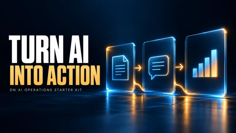 Three glowing cards showing a document, customer message and bar chart on a dark blue background, captioned Turn AI Into Action.