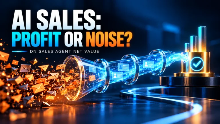 DN Sales Agent Net Value: orange outreach messages funnel into cyan verified leads and profit chart, with the caption AI Sales: Profit or Noise?