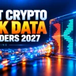 Best crypto tick data providers for quantitative trading in 2027, illustrated by a glowing data stream feeding an order book and trading chart.