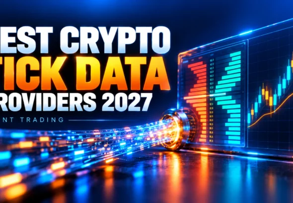 Best crypto tick data providers for quantitative trading in 2027, illustrated by a glowing data stream feeding an order book and trading chart.