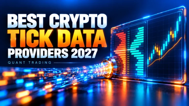 Best crypto tick data providers for quantitative trading in 2027, illustrated by a glowing data stream feeding an order book and trading chart.