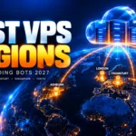 Best VPS regions for crypto trading bots in 2027, illustrated by cloud servers above a globe linking Ashburn, London, Frankfurt, Singapore and Tokyo.