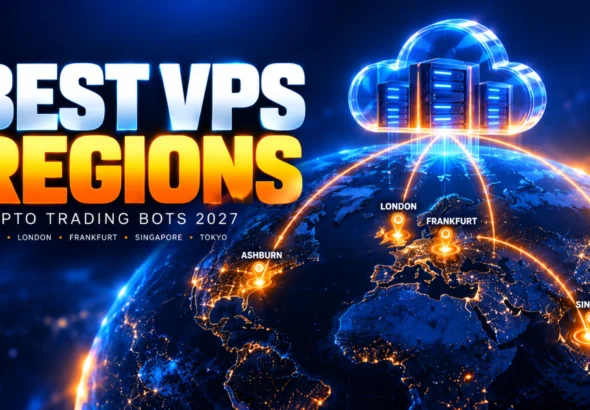Best VPS regions for crypto trading bots in 2027, illustrated by cloud servers above a globe linking Ashburn, London, Frankfurt, Singapore and Tokyo.