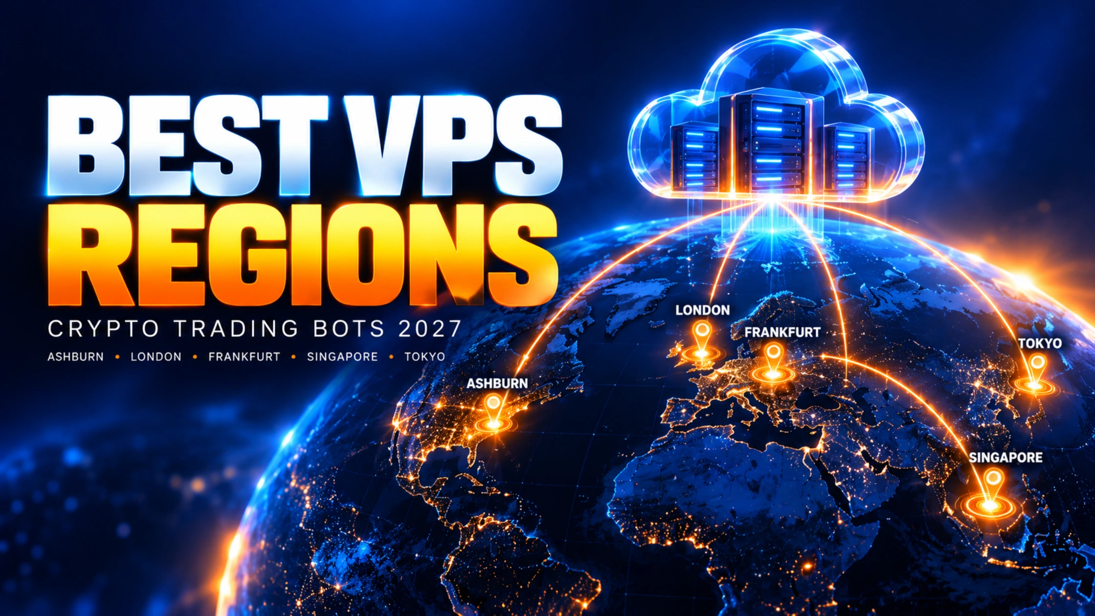 Best VPS regions for crypto trading bots in 2027, illustrated by cloud servers above a globe linking Ashburn, London, Frankfurt, Singapore and Tokyo.