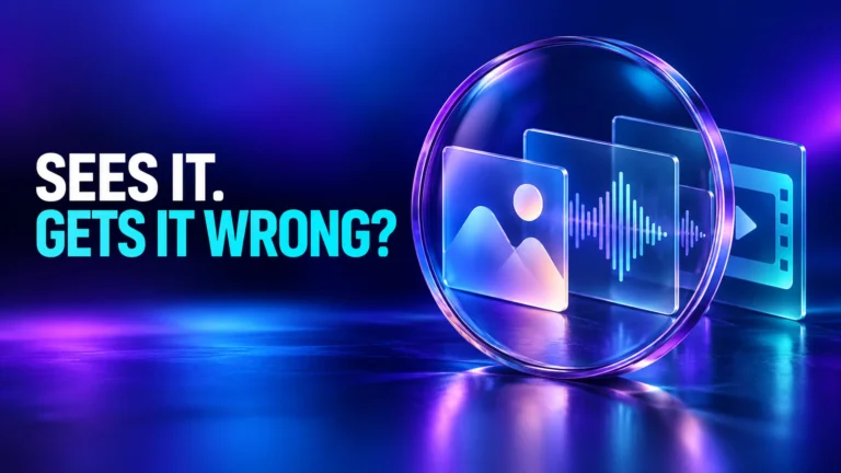 Glass lens examining image, audio and video panels with the caption Sees it. Gets it wrong?