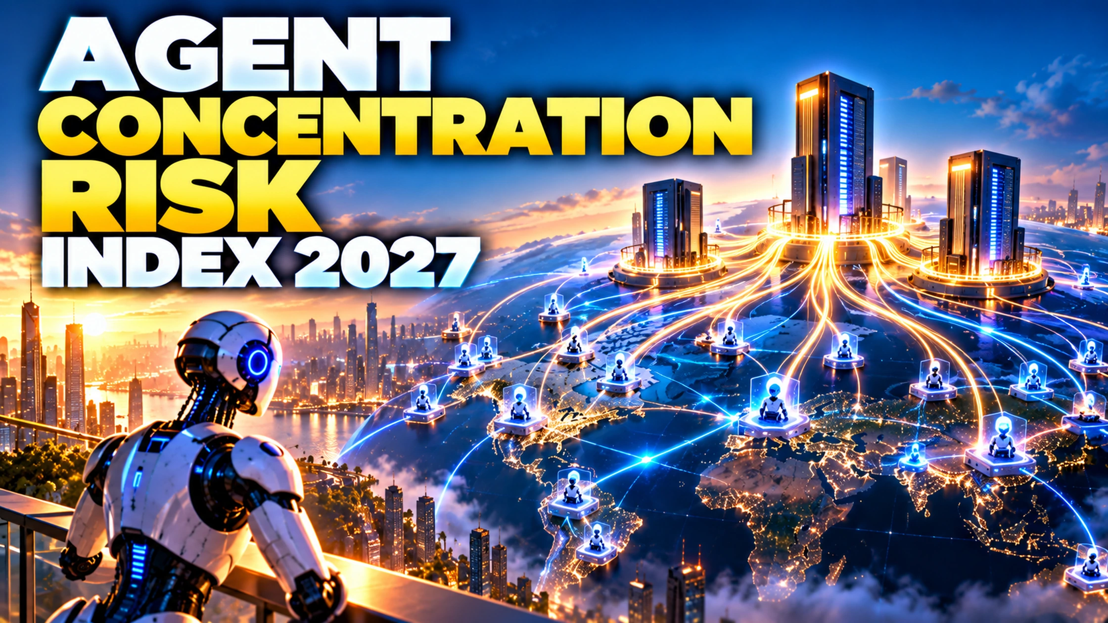 Agent Concentration Risk Index 2027 showing many AI agents converging on a small number of underlying infrastructure providers