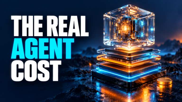 The Real Agent Cost beside a glowing computing core and layered cost stack.