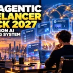 The Agentic Freelancer Stack 2027 showing a freelancer orchestrating AI workflows for prospecting, research, production, invoicing, payments and client support