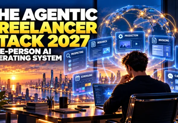 The Agentic Freelancer Stack 2027 showing a freelancer orchestrating AI workflows for prospecting, research, production, invoicing, payments and client support