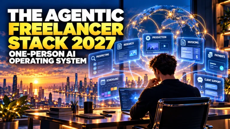 The Agentic Freelancer Stack 2027 showing a freelancer orchestrating AI workflows for prospecting, research, production, invoicing, payments and client support