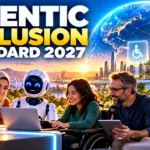 The Agentic Inclusion Standard 2027 showing a diverse group of people and an AI robot in an accessible future city