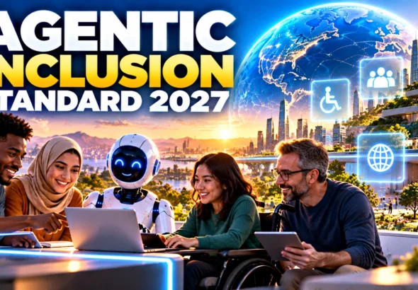 The Agentic Inclusion Standard 2027 showing a diverse group of people and an AI robot in an accessible future city