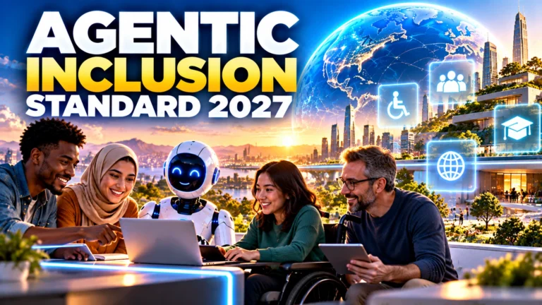 The Agentic Inclusion Standard 2027 showing a diverse group of people and an AI robot in an accessible future city