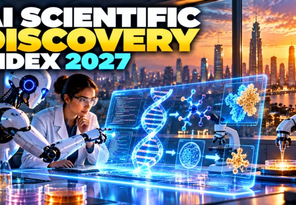 Agentic Scientific Discovery Index 2027 showing a scientist and AI agent collaborating on verifiable research and laboratory discovery