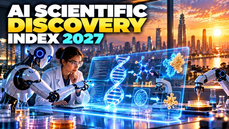 Agentic Scientific Discovery Index 2027 showing a scientist and AI agent collaborating on verifiable research and laboratory discovery