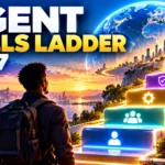 The Global Agent Skills Ladder 2027 showing a person and AI robot ascending skill levels toward advanced agentic work