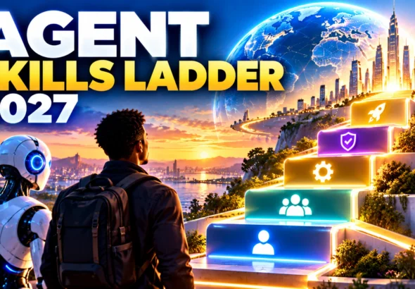 The Global Agent Skills Ladder 2027 showing a person and AI robot ascending skill levels toward advanced agentic work