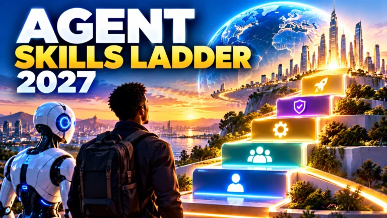 The Global Agent Skills Ladder 2027 showing a person and AI robot ascending skill levels toward advanced agentic work