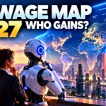 The Human-Agent Wage Map 2027 showing a human professional and AI robot overlooking global wage gains and compression