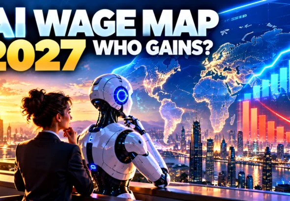 The Human-Agent Wage Map 2027 showing a human professional and AI robot overlooking global wage gains and compression