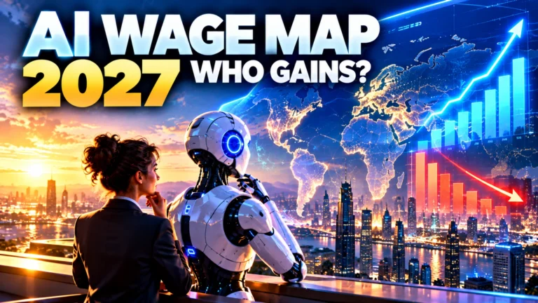 The Human-Agent Wage Map 2027 showing a human professional and AI robot overlooking global wage gains and compression