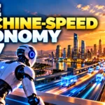 The Machine-Speed Economy 2027 showing an AI robot overlooking a high-speed data highway and futuristic city