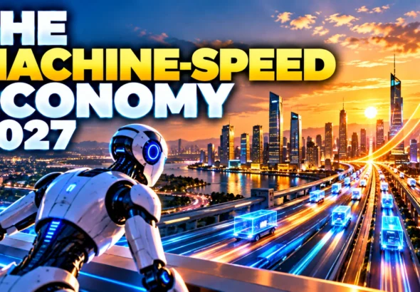 The Machine-Speed Economy 2027 showing an AI robot overlooking a high-speed data highway and futuristic city
