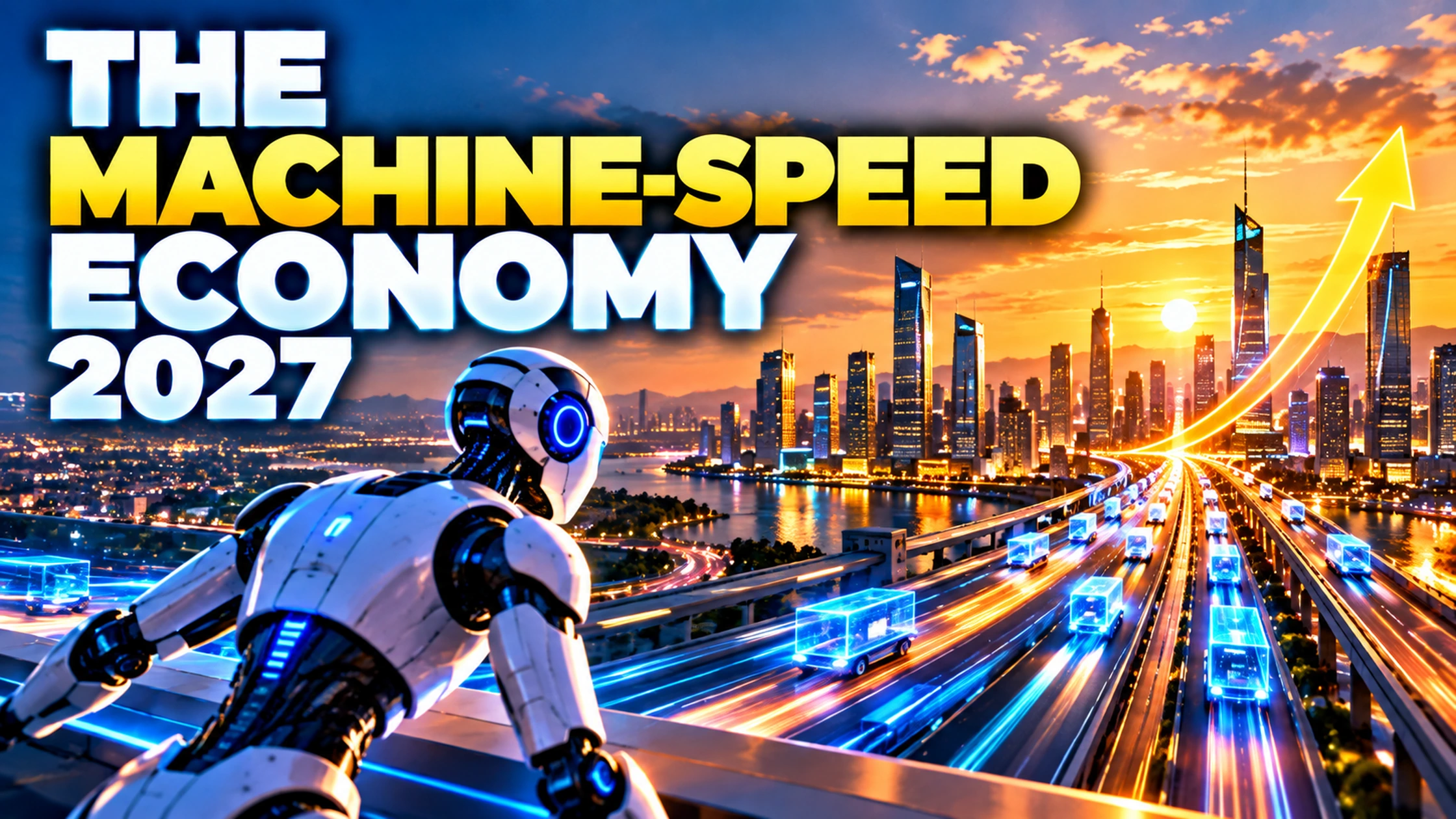 The Machine-Speed Economy 2027 showing an AI robot overlooking a high-speed data highway and futuristic city